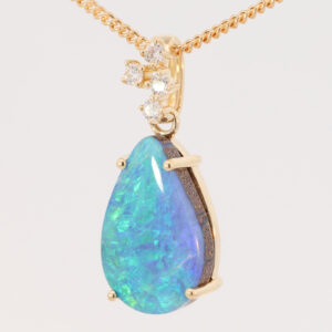 Yellow Gold Blue Green Purple Solid Australian Boulder Opal and Diamond Pendant Necklace