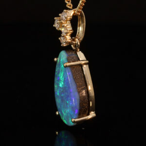 Yellow Gold Blue Green Purple Solid Australian Boulder Opal and Diamond Pendant Necklace