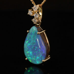 Yellow Gold Blue Green Purple Solid Australian Boulder Opal and Diamond Pendant Necklace