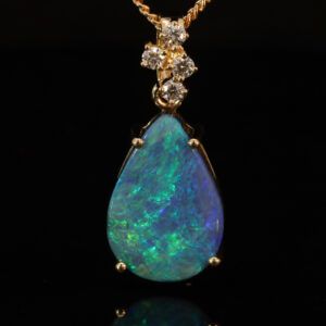 Yellow Gold Blue Green Purple Solid Australian Boulder Opal and Diamond Pendant Necklace