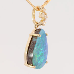 Yellow Gold Blue Green Purple Solid Australian Boulder Opal and Diamond Pendant Necklace