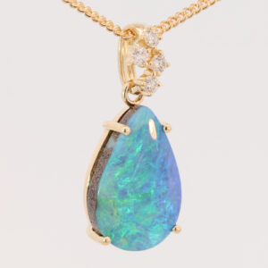 Yellow Gold Blue Green Purple Solid Australian Boulder Opal and Diamond Pendant Necklace