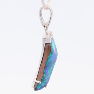 White Gold Blue Green Solid Australian Boulder Opal and Diamond Pendant Necklace