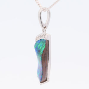 White Gold Blue Green Solid Australian Boulder Opal and Diamond Pendant Necklace