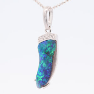 White Gold Blue Green Solid Australian Boulder Opal and Diamond Pendant Necklace