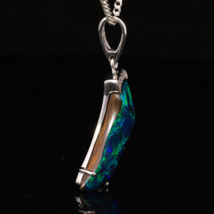 White Gold Blue Green Solid Australian Boulder Opal and Diamond Pendant Necklace