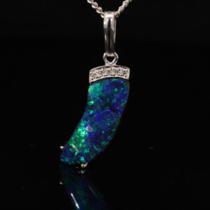 White Gold Blue Green Solid Australian Boulder Opal and Diamond Pendant Necklace