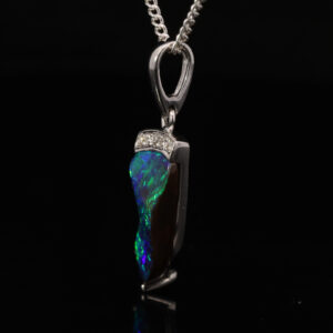 White Gold Blue Green Solid Australian Boulder Opal and Diamond Pendant Necklace