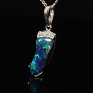 White Gold Blue Green Solid Australian Boulder Opal and Diamond Pendant Necklace