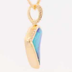 Yellow Gold Blue Green Purple Solid Australian Boulder Opal and Diamond Pendant Necklace