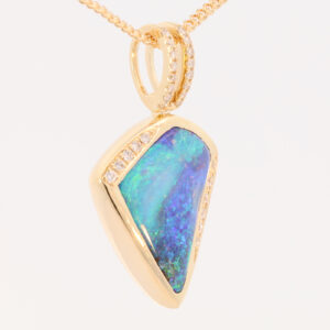 Yellow Gold Blue Green Purple Solid Australian Boulder Opal and Diamond Pendant Necklace