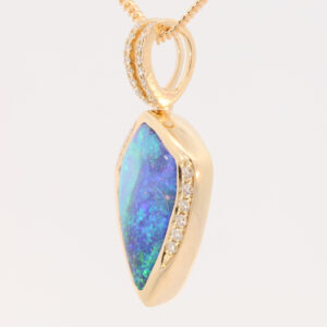 Yellow Gold Blue Green Purple Solid Australian Boulder Opal and Diamond Pendant Necklace