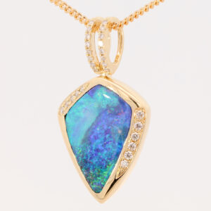 Yellow Gold Blue Green Purple Solid Australian Boulder Opal and Diamond Pendant Necklace