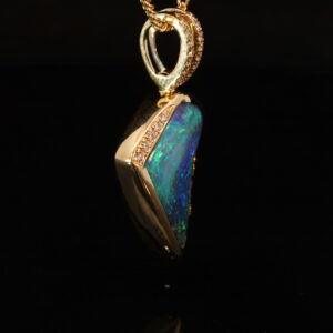 Yellow Gold Blue Green Purple Solid Australian Boulder Opal and Diamond Pendant Necklace