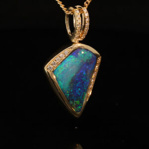 Yellow Gold Blue Green Purple Solid Australian Boulder Opal and Diamond Pendant Necklace