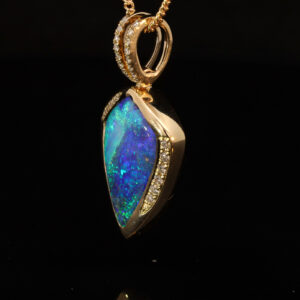 Yellow Gold Blue Green Purple Solid Australian Boulder Opal and Diamond Pendant Necklace