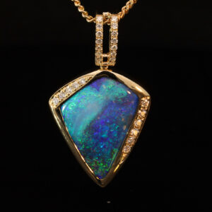 Yellow Gold Blue Green Purple Solid Australian Boulder Opal and Diamond Pendant Necklace