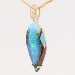 Yellow Gold Blue Green Purple Boulder Opal and Diamond Pendant