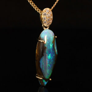 Yellow Gold Blue Green Purple Boulder Opal and Diamond Pendant