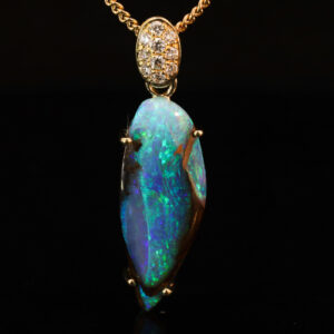 Yellow Gold Blue Green Purple Boulder Opal and Diamond Pendant