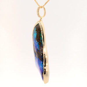 Yellow Gold Blue Green Purple Solid Australian Boulder Opal and Diamond Pendant Necklace