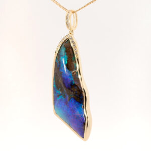 Yellow Gold Blue Green Purple Solid Australian Boulder Opal and Diamond Pendant Necklace