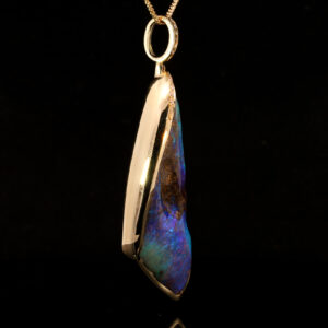 Yellow Gold Blue Green Purple Solid Australian Boulder Opal and Diamond Pendant Necklace