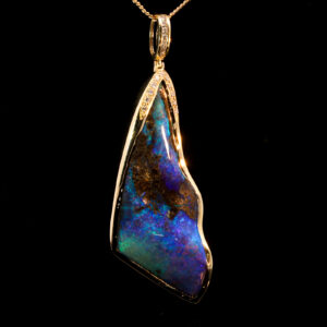 Yellow Gold Blue Green Purple Solid Australian Boulder Opal and Diamond Pendant Necklace