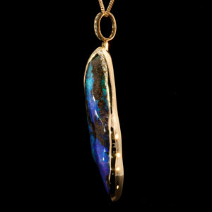 Yellow Gold Blue Green Purple Solid Australian Boulder Opal and Diamond Pendant Necklace