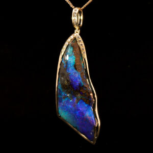 Yellow Gold Blue Green Purple Solid Australian Boulder Opal and Diamond Pendant Necklace