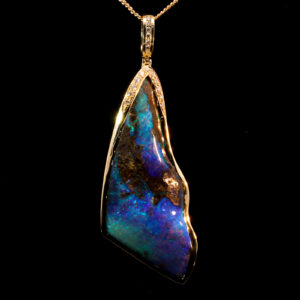 Yellow Gold Blue Green Purple Solid Australian Boulder Opal and Diamond Pendant Necklace