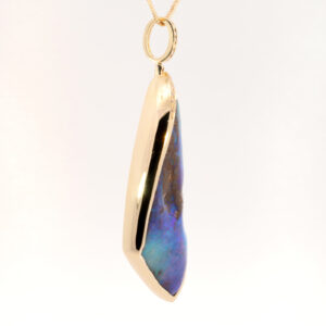 Yellow Gold Blue Green Purple Solid Australian Boulder Opal and Diamond Pendant Necklace