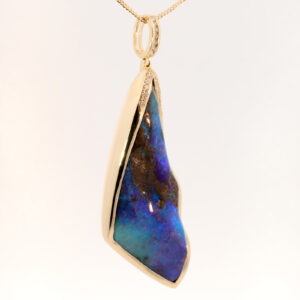 Yellow Gold Blue Green Purple Solid Australian Boulder Opal and Diamond Pendant Necklace