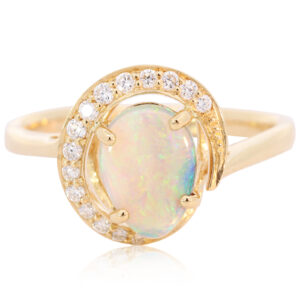 Yellow Gold Blue Green Yellow Orange Solid Australian Crystal Opal and Diamond Engagement Ring