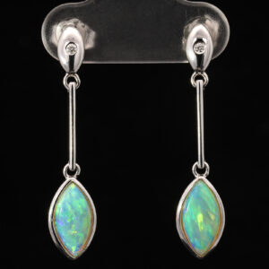 White Gold Blue Green Solid Australian Crystal Opal and Diamond Drop Earrings