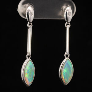 White Gold Blue Green Solid Australian Crystal Opal and Diamond Drop Earrings