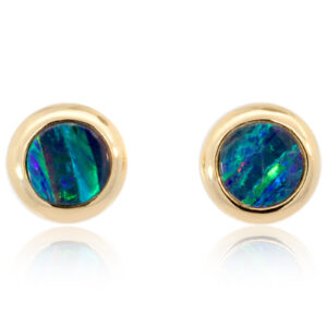 Yellow Gold Blue Green Australian Doublet Opal Stud Earrings