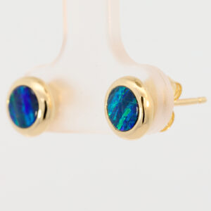 Yellow Gold Blue Green Australian Doublet Opal Stud Earrings