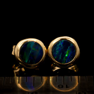 Yellow Gold Blue Green Australian Doublet Opal Stud Earrings