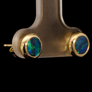 Yellow Gold Blue Green Australian Doublet Opal Stud Earrings