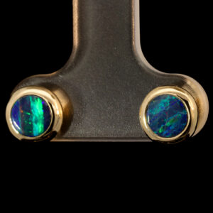 Yellow Gold Blue Green Australian Doublet Opal Stud Earrings