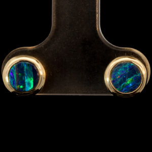 Yellow Gold Blue Green Australian Doublet Opal Stud Earrings