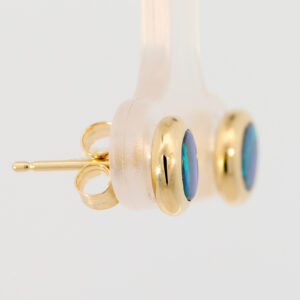 Yellow Gold Blue Green Australian Doublet Opal Stud Earrings