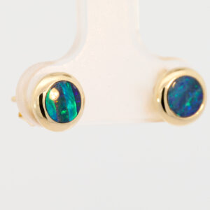 Yellow Gold Blue Green Australian Doublet Opal Stud Earrings