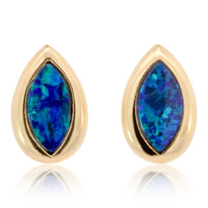 Yellow Gold Blue Green Australian Doublet Opal Stud Earrings