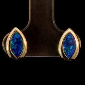 Yellow Gold Blue Green Australian Doublet Opal Stud Earrings