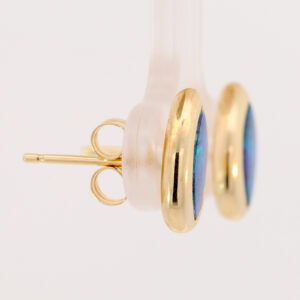 Yellow Gold Blue Green Australian Doublet Opal Stud Earrings