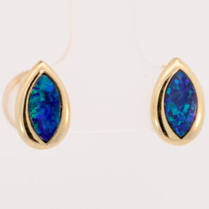 Yellow Gold Blue Green Australian Doublet Opal Stud Earrings