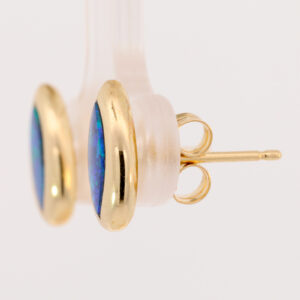 Yellow Gold Blue Green Australian Doublet Opal Stud Earrings