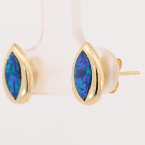 Yellow Gold Blue Green Australian Doublet Opal Stud Earrings